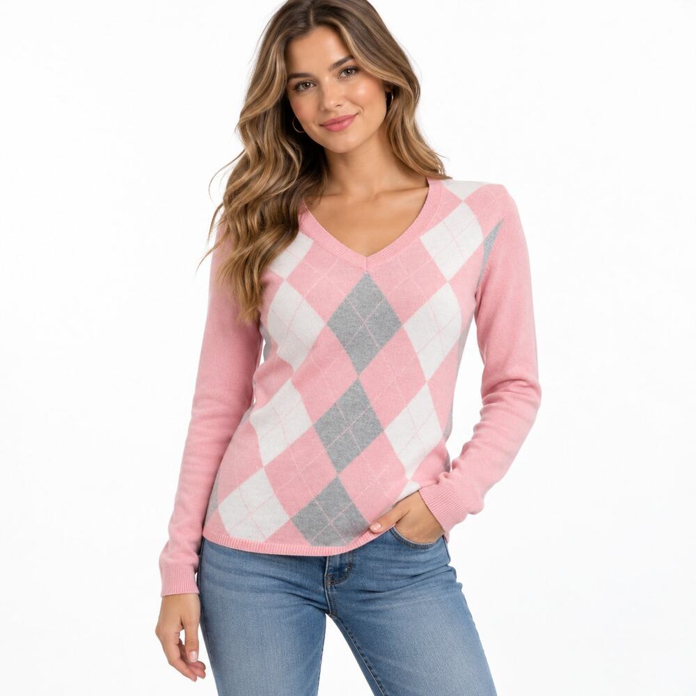 Tommy Hilfiger Women’s XS Pink Argyle V-Neck Sweater 100% Pima Cotton Preppy